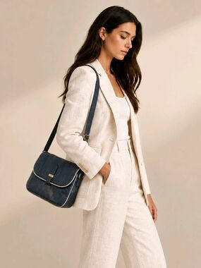 Vintage Bugatti Navy Blue Leather Crossbody Flap Bag with Cream Piping